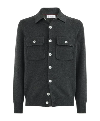 Brunello Cucinelli Cashmere Shirt-style Cardigan With Chest Pockets In Gray