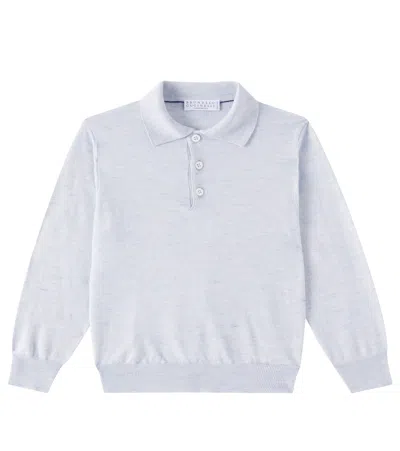 Brunello Cucinelli Kids' Cashmere, Silk, And Linen Polo Sweater In Blau