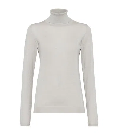 Brunello Cucinelli Cashmere-silk Glitter Turtleneck Sweater In Pearl Grey