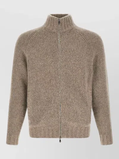 Brunello Cucinelli Cashmere Silk High-neck Zip Cardigan In Brown