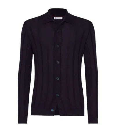 Brunello Cucinelli Ribbed Cashmere Cardigan In Navy Blue