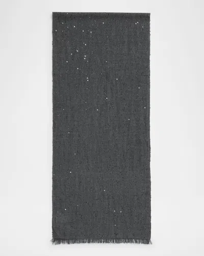Brunello Cucinelli Cashmere Silk Scarf With Paillette Details In Anthracite