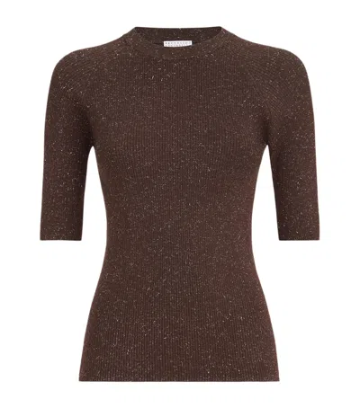 Brunello Cucinelli Cashmere Sparkling Short-sleeve Sweater In Brown