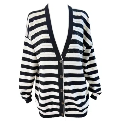 Pre-owned Brunello Cucinelli Cashmere Stripe Sequin Cardigan Black White Sweater Med Large