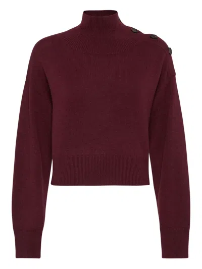 Brunello Cucinelli Turtleneck Button-shoulder Cashmere Crop Sweater In Burgundy