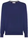 Brunello Cucinelli Cashmere Crewneck Sweater With Ribbed Finish In 蓝色