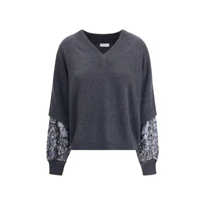 Brunello Cucinelli Sequin-embellished Cashmere Sweater In Gray