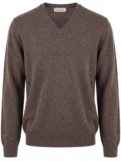 Brunello Cucinelli V-neck Cashmere Sweater In Brown