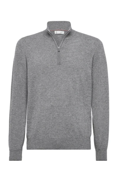 Brunello Cucinelli Half-zip High Collar Ribbed Sweater In Grey
