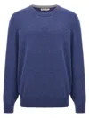 Brunello Cucinelli Cashmere Crewneck Sweater With Ribbed Finish In Light Blue