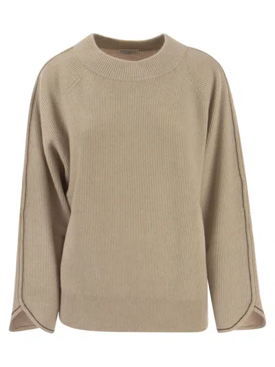 Brunello Cucinelli Cashmere Sweater With Monile In Sand