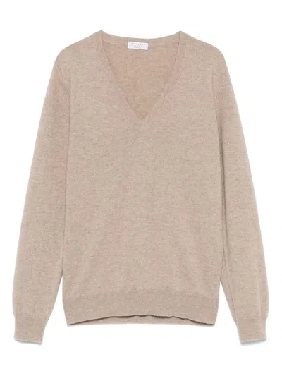 Brunello Cucinelli Cashmere Sweater With Monili In Neutral