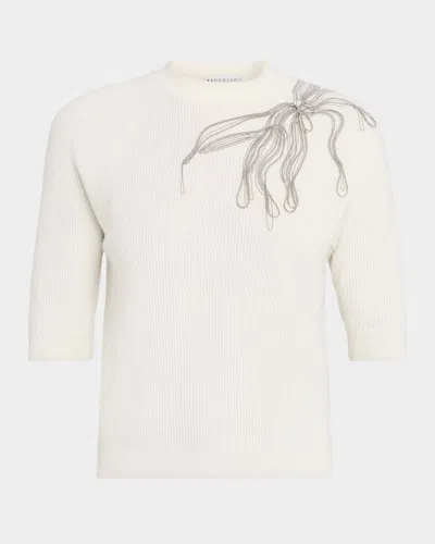 Brunello Cucinelli Cashmere Sweater With Monili Embroidery In White