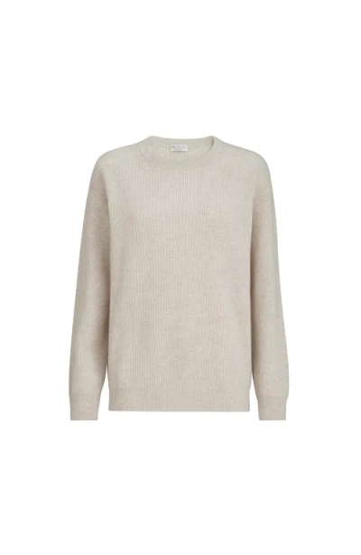Brunello Cucinelli Cashmere Sweater With Monili In Neutral