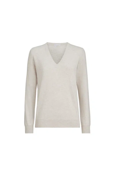 Brunello Cucinelli Cashmere Sweater With Monili In White