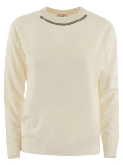 Brunello Cucinelli Cashmere Sweater With Neck Jewel In White