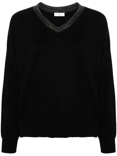 Brunello Cucinelli Cashmere Sweater With Precious Ribbed Neckline In Black
