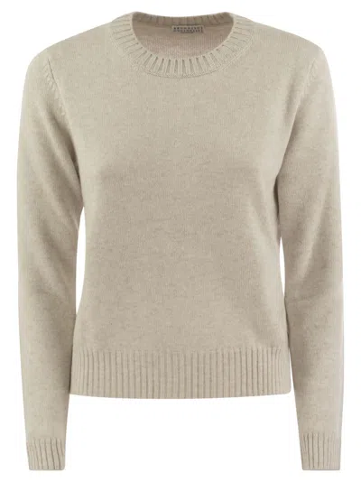 Brunello Cucinelli Cashmere Sweater With Shiny Cuff Details In Pearl