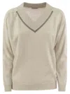 Brunello Cucinelli Women's Cashmere Sweater With Shiny Neckline In Pearl