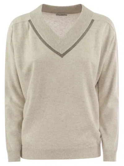 BRUNELLO CUCINELLI CASHMERE SWEATER WITH SHINY NECKLINE
