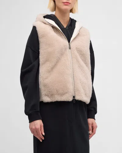 Brunello Cucinelli Cashmere Teddy Effect Reversible Hooded Vest In Pink