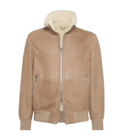 Brunello Cucinelli Cashmere-trim Shearling Jacket In Brown