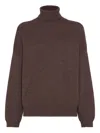 Brunello Cucinelli Ribbed Cashmere Turtleneck Sweater With Long Sleeves In Brown