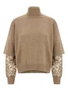 Brunello Cucinelli Turtleneck Sweater With Sequin Sleeve Embellishments In Brown