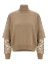 Brunello Cucinelli Turtleneck Sweater With Sequin Sleeve Embellishments In Brown