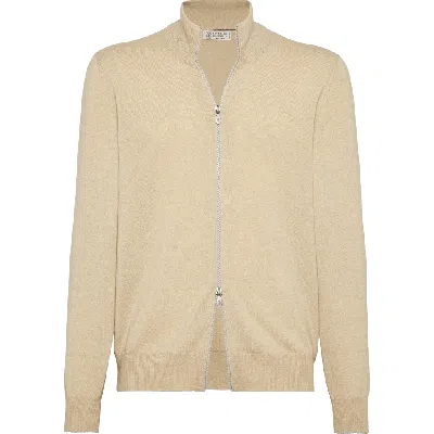 Brunello Cucinelli Cashmere Turtleneck Cardigan With Zipper In Natural