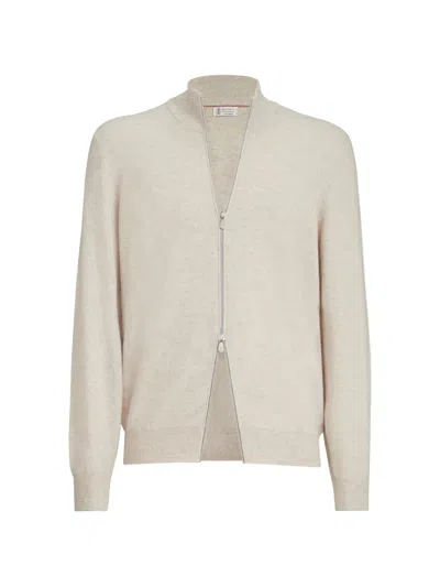 Brunello Cucinelli Cashmere Turtleneck Cardigan With Zipper In Neutral