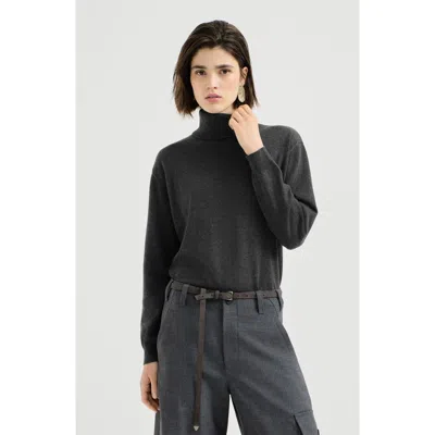 Brunello Cucinelli Cashmere Turtleneck Sweater With Monili In Gray