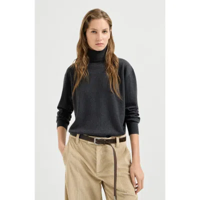 Brunello Cucinelli Cashmere Turtleneck Sweater With Monili In Gray