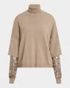 Brunello Cucinelli Cashmere Turtleneck Sweater With Sheer Sequined Sleeves In Brown