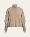 Brunello Cucinelli Cashmere Turtleneck Sweater With Sheer Sequined Sleeves In Brown