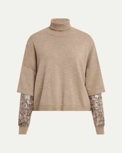Brunello Cucinelli Cashmere Turtleneck Sweater With Sheer Sequined Sleeves In Brown