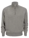 Brunello Cucinelli Men High-necked Cashmere Sweater With Zip Opening In Charcoal