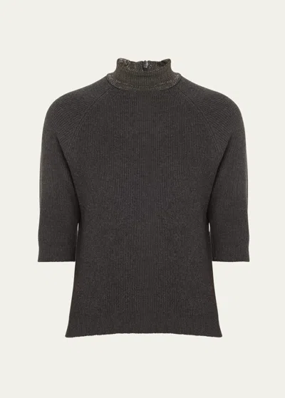 Brunello Cucinelli Cashmere Turtleneck With Monili Detail In Grey