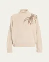 Brunello Cucinelli Cashmere Turtleneck With Monili Flower Detail In Neutral