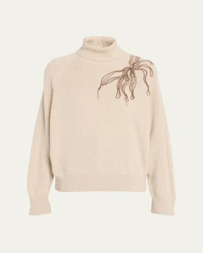 Brunello Cucinelli Cashmere Turtleneck With Monili Flower Detail In Neutral