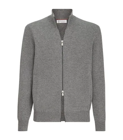 Brunello Cucinelli Cashmere Two-way Zip Cardigan In Gray