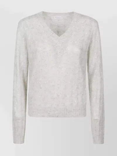 Brunello Cucinelli Cashmere V-neck Long Sleeve Top In Gray