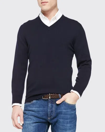 Brunello Cucinelli Cashmere V-neck Pullover Sweater In Navy