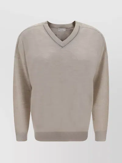 Brunello Cucinelli Cashmere V-neck Sweater Bead Detail In Neutral