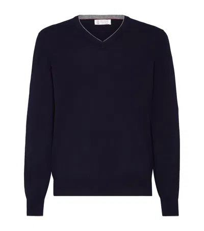 Brunello Cucinelli Cashmere V-neck Sweater In Blue