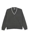 Brunello Cucinelli Ribbed Cashmere V-neck Sweater With Contrast Trim In Gray