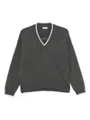 Brunello Cucinelli Ribbed Cashmere V-neck Sweater With Contrast Trim In Gray