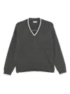 Brunello Cucinelli Ribbed Cashmere V-neck Sweater With Contrast Trim In Gray