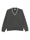 Brunello Cucinelli Ribbed Cashmere V-neck Sweater With Contrast Trim In Green