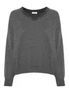 Brunello Cucinelli Knitted Cashmere V-neck Sweater With Ribbed Cuffs In Gris